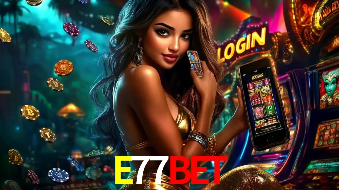 Mulher em um cenário de cassino temático de aventura, mostrando o app de caça-níqueis da E77BET no celular. Fichas de apostas flutuam ao redor.