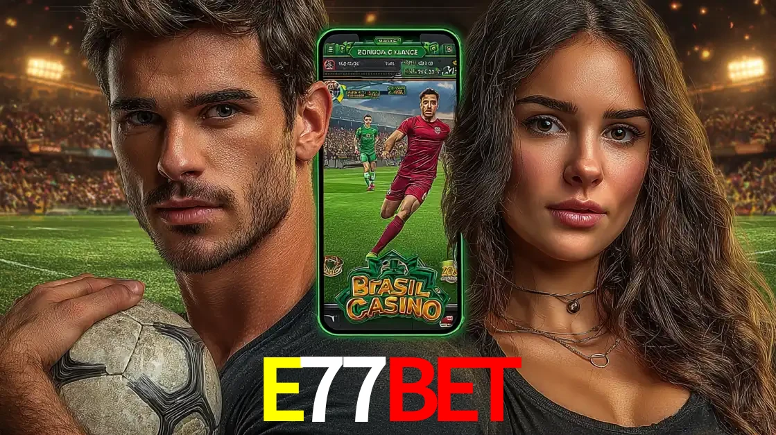Homem segurando uma bola de futebol e uma mulher ao lado de um smartphone exibindo o jogo de apostas esportivas da E77BET. Faça seu palpite no cassino online.